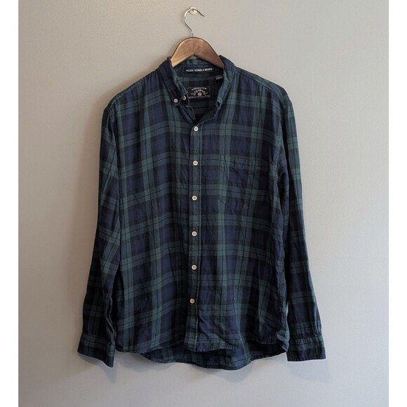 Vintage 1946 Size Large Flannel Shirt Green Blue Plaid Button Down Lightweight - Picture 1 of 5